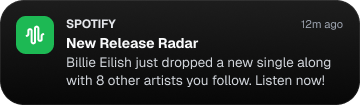 Spotify notification for New Release Radar featuring Billie Eilish and 8 other artists.