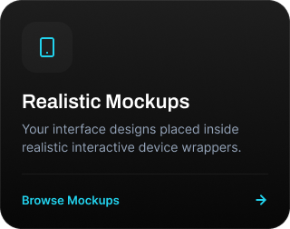 Panel titled Realistic Mockups describing interface designs in interactive device frames with browse link.