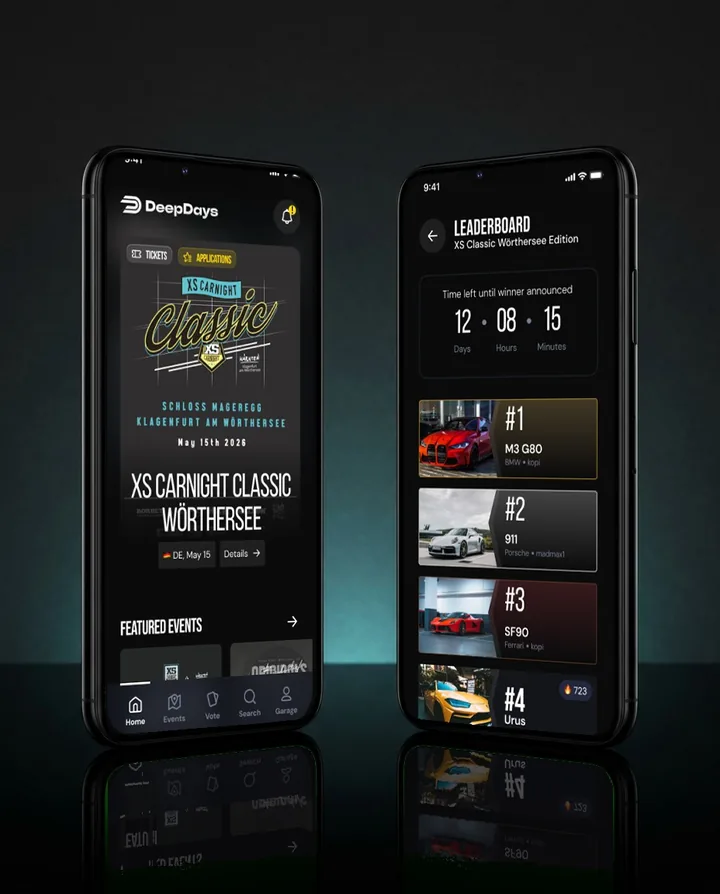 DeepDays auf zwei Handys: Startseite mit der XS Carnight Classic und das Leaderboard